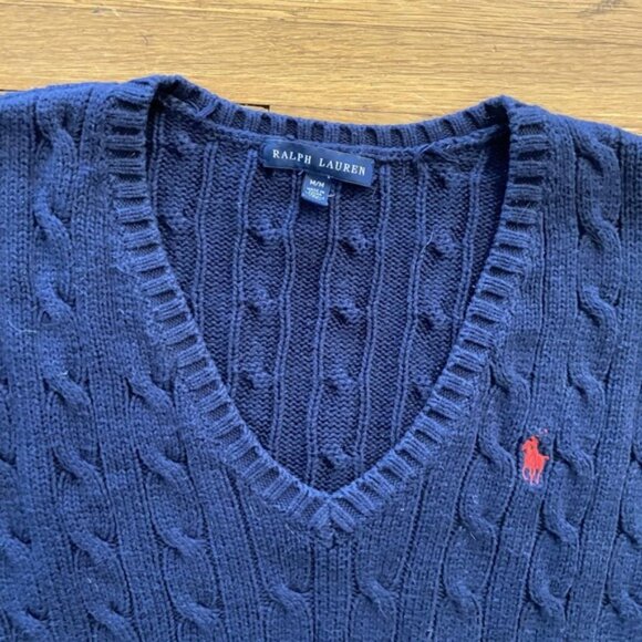 Vtg Ralph Lauren Sweater Womens Medium Navy Cable Knit V Neck Red Pony Pullover - Picture 2 of 10